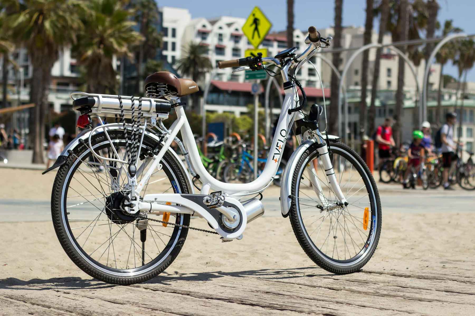 Cyclist on an e-bike riding along a city waterfront path like Auckland